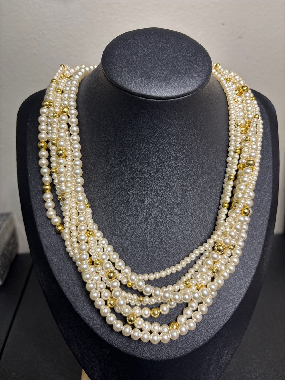 Vintage Elegant Multi-Strand Pearl Gold Bead Necklace Hong Kong Tag Jewelry